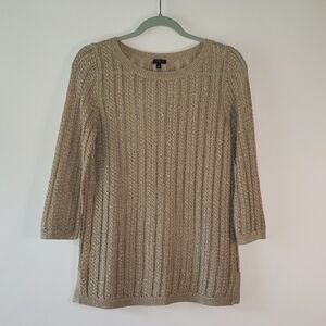 TALBOTS Linen Blend Loose Knit Weave Sweater Petite Small Gold Metallic Taupe